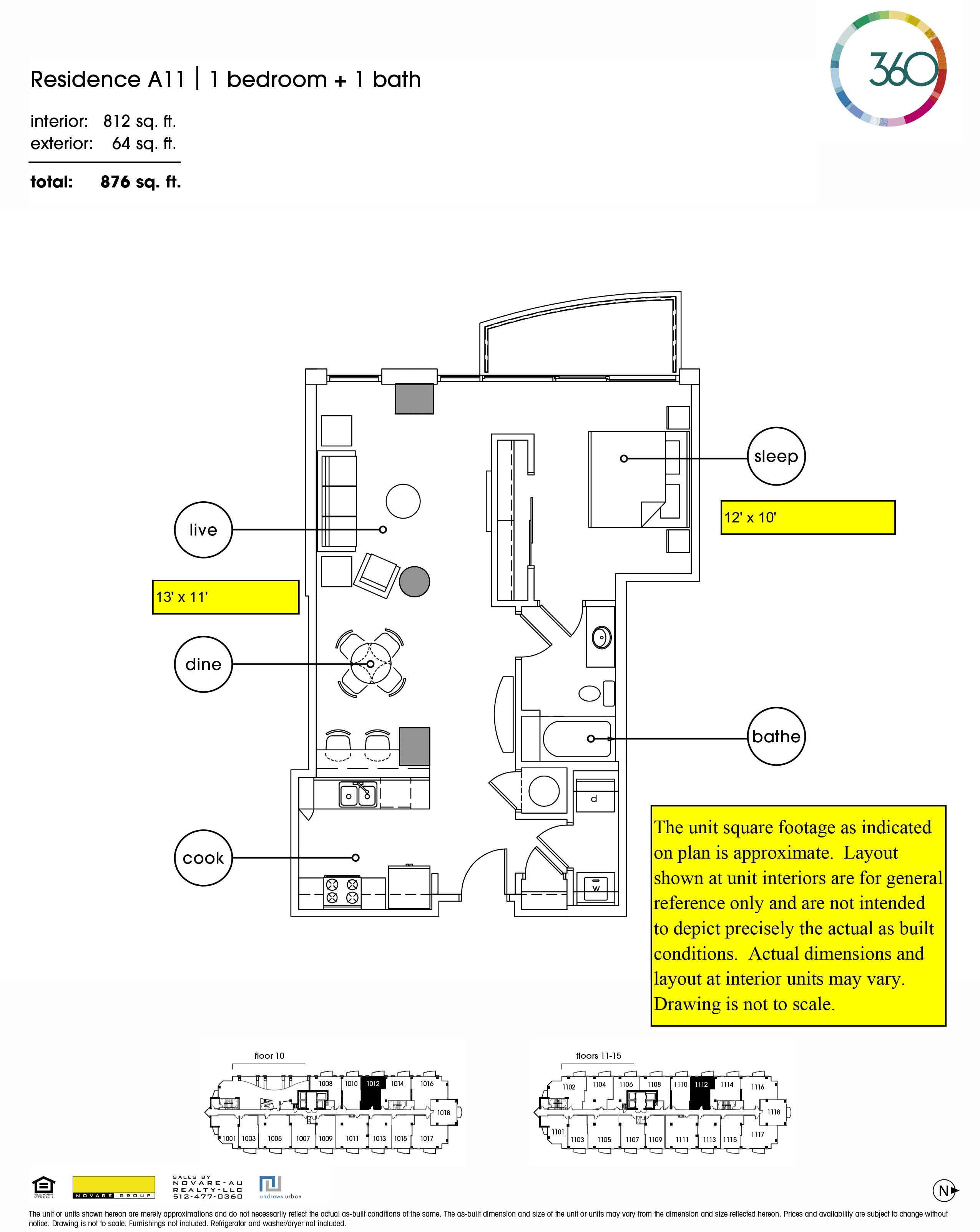 360 Condominiums A11 floor plan - 1 bed, 812 SF