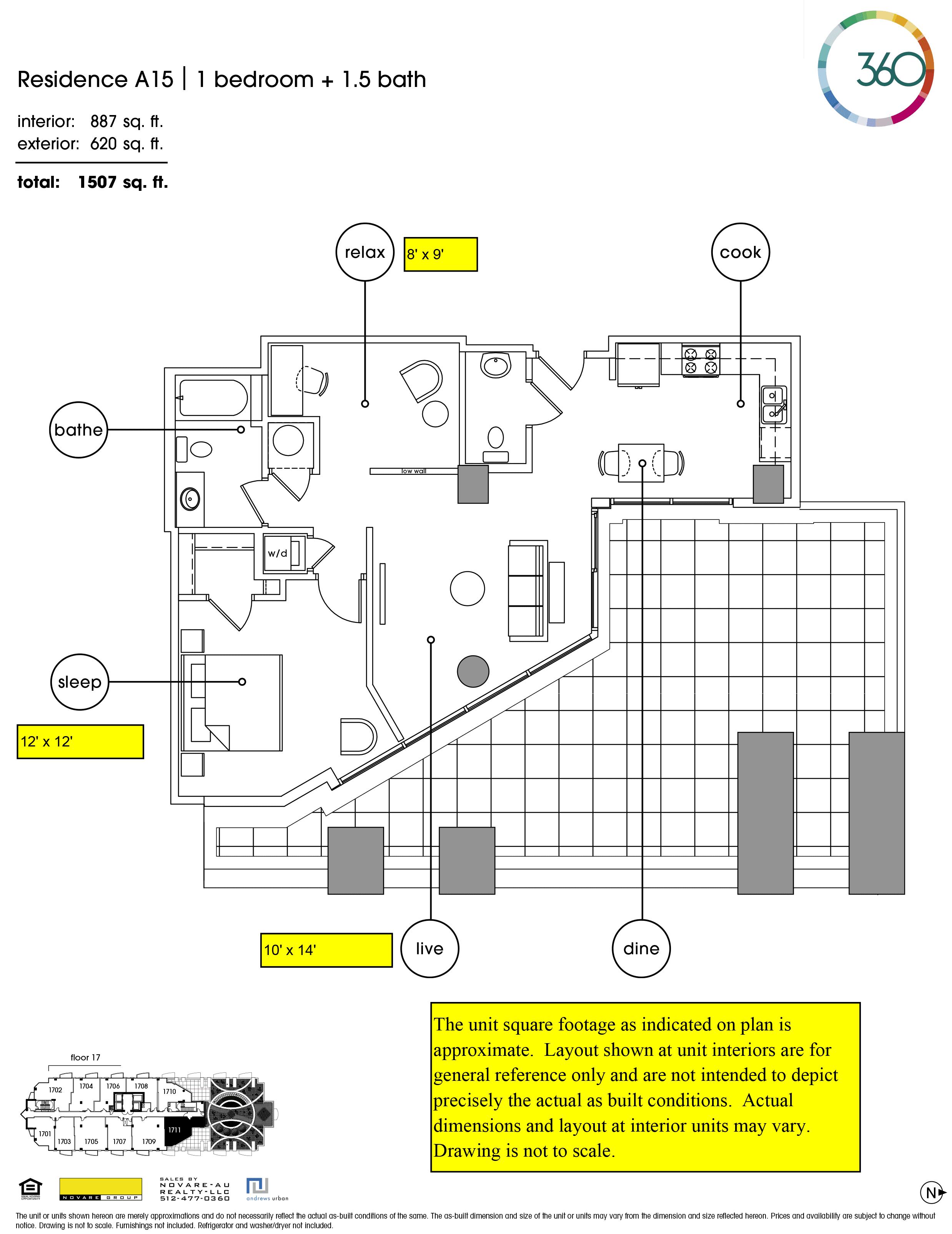 360 Condominiums A15 floor plan - 1 bed, 887 SF