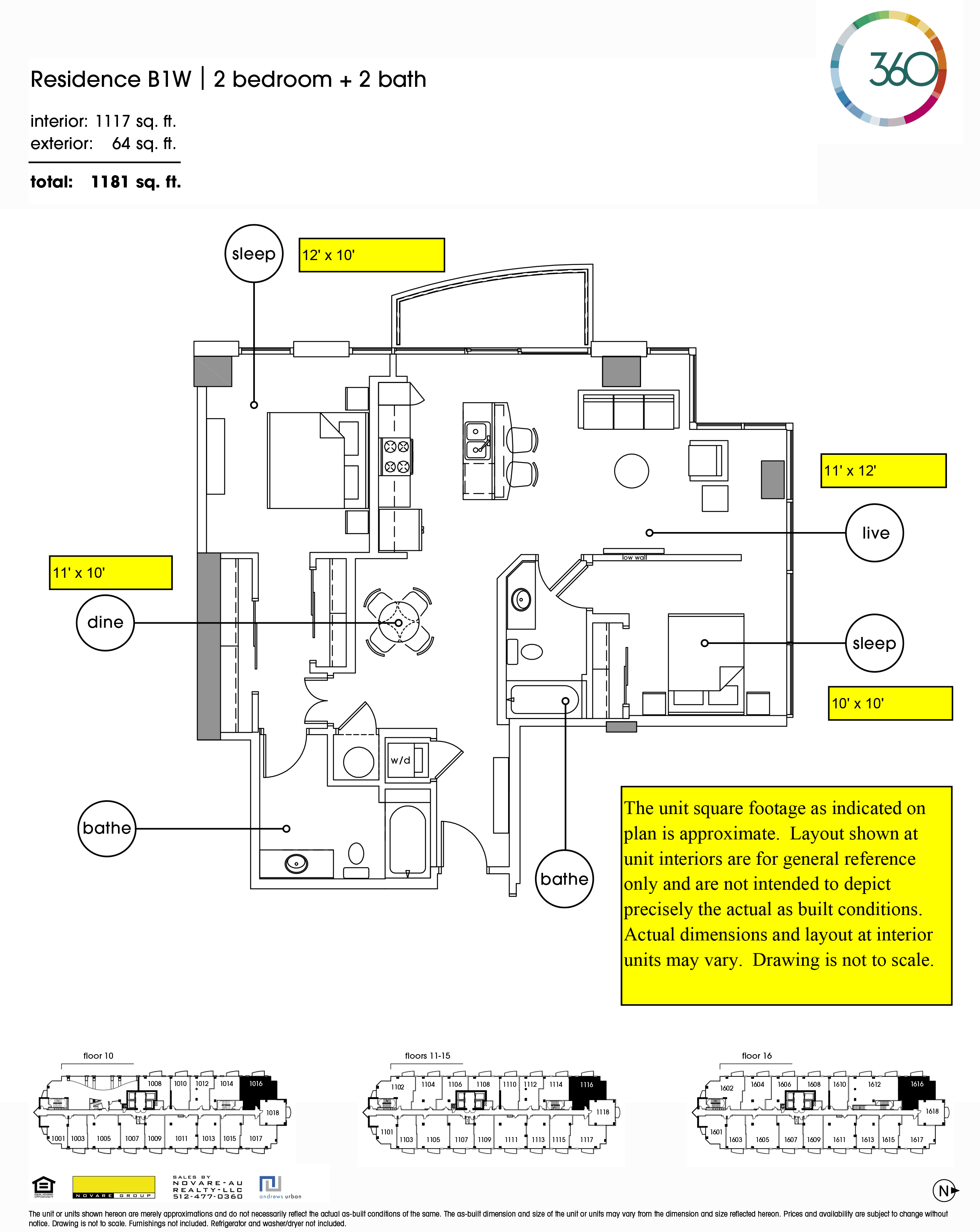 360 Condominiums B1W floor plan - 2 bed, 1117 SF