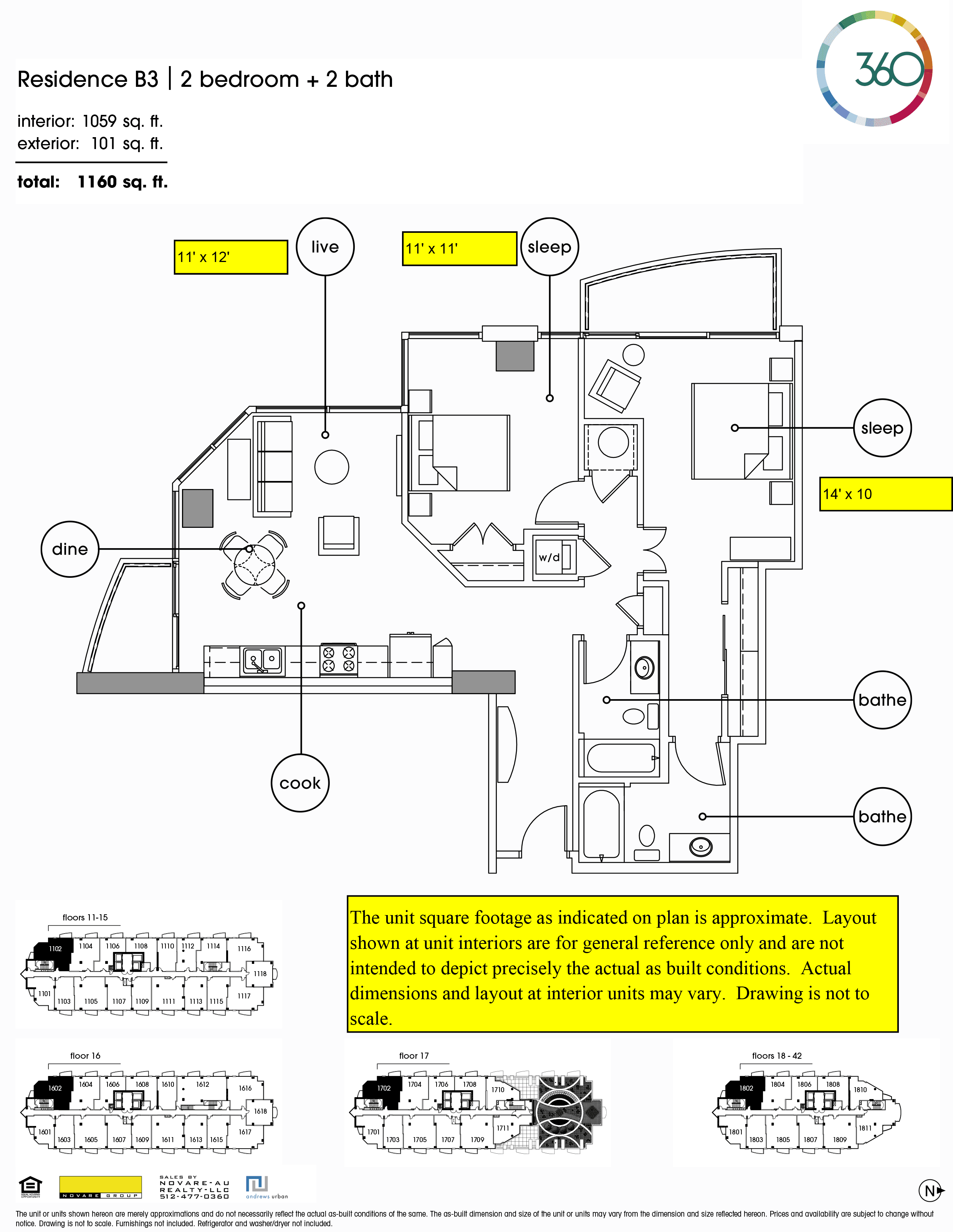 360 Condominiums B3 floor plan - 2 bed, 1059 SF
