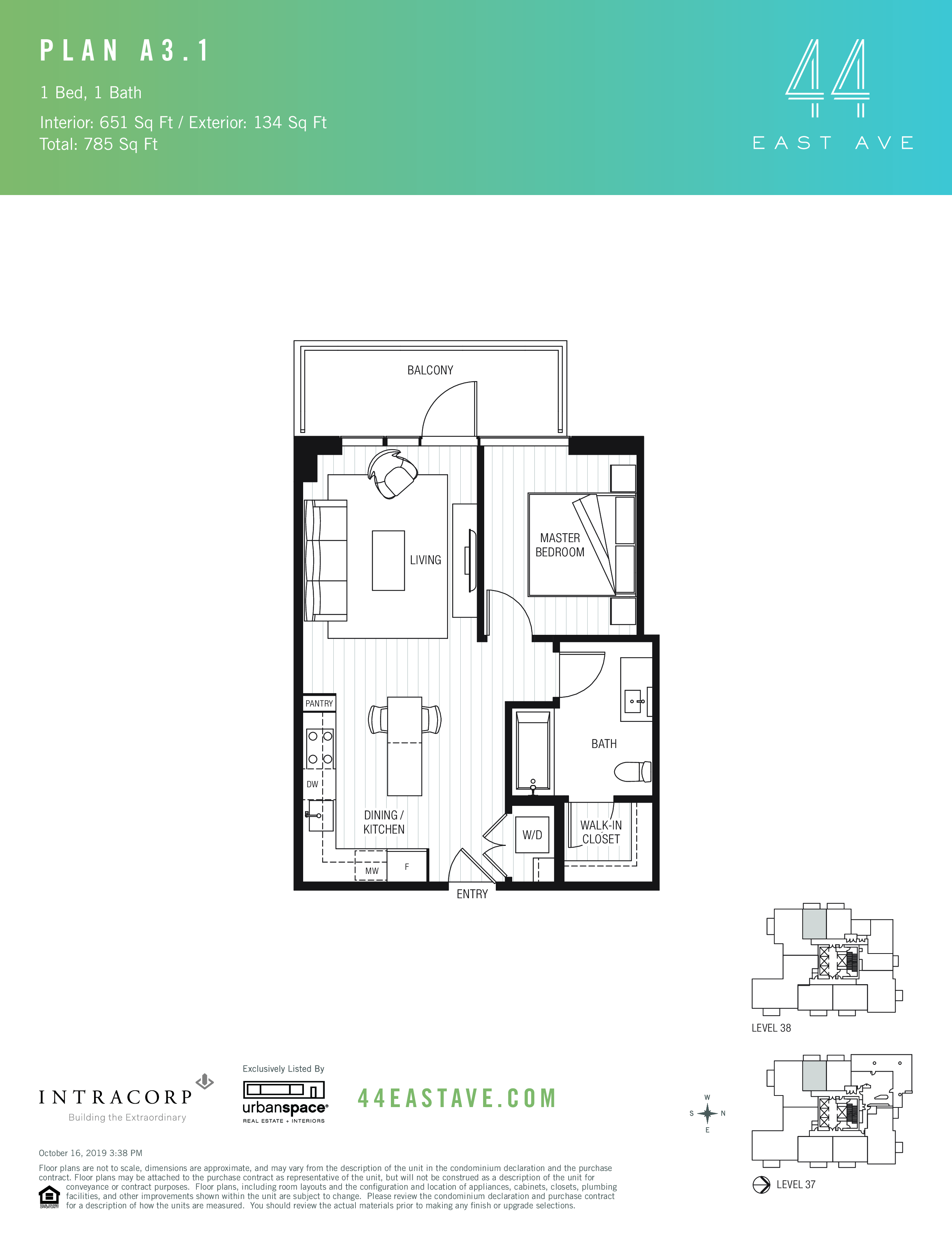 44 East A3.1 floor plan - 1 bed, 651 SF