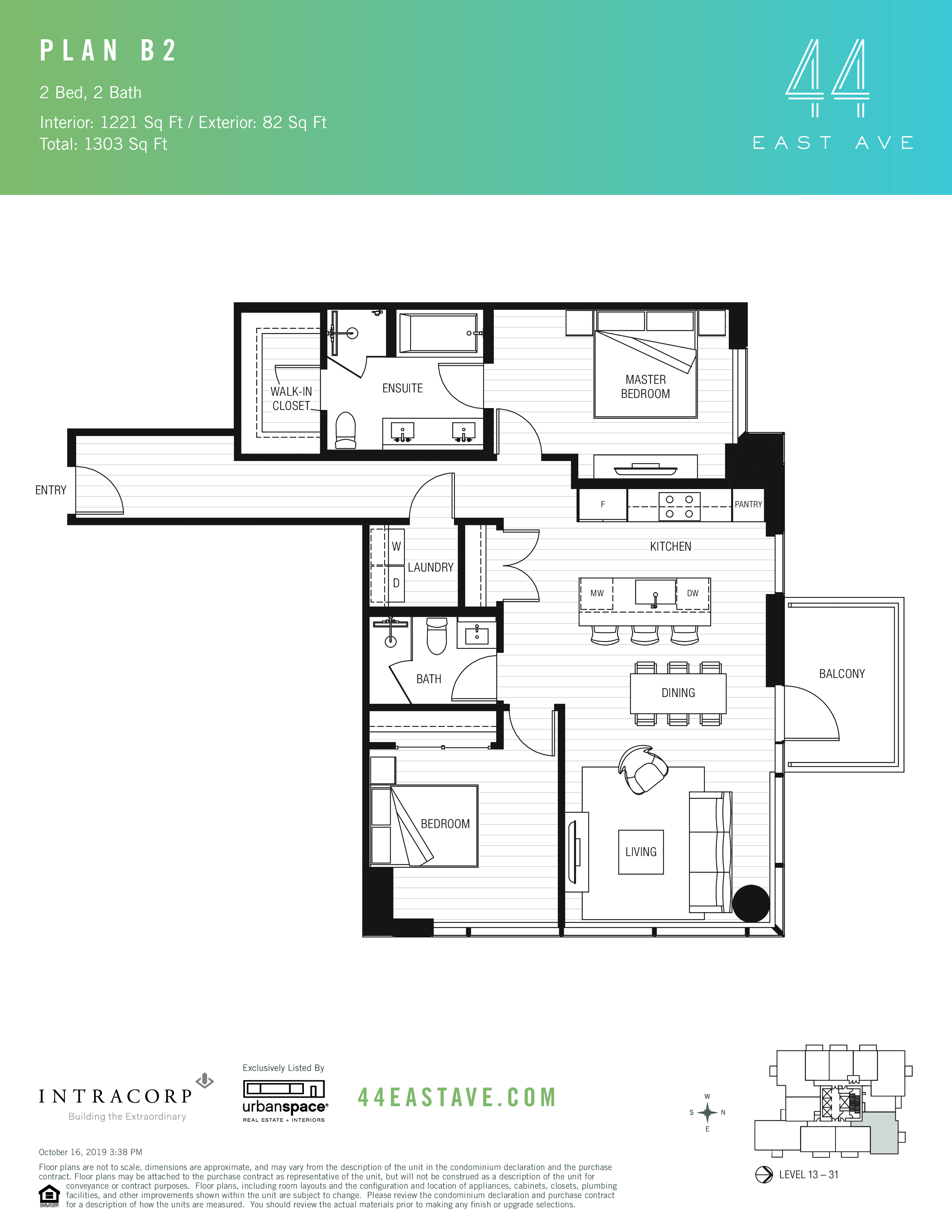 44 East B2 floor plan - 2 bed, 1221 SF