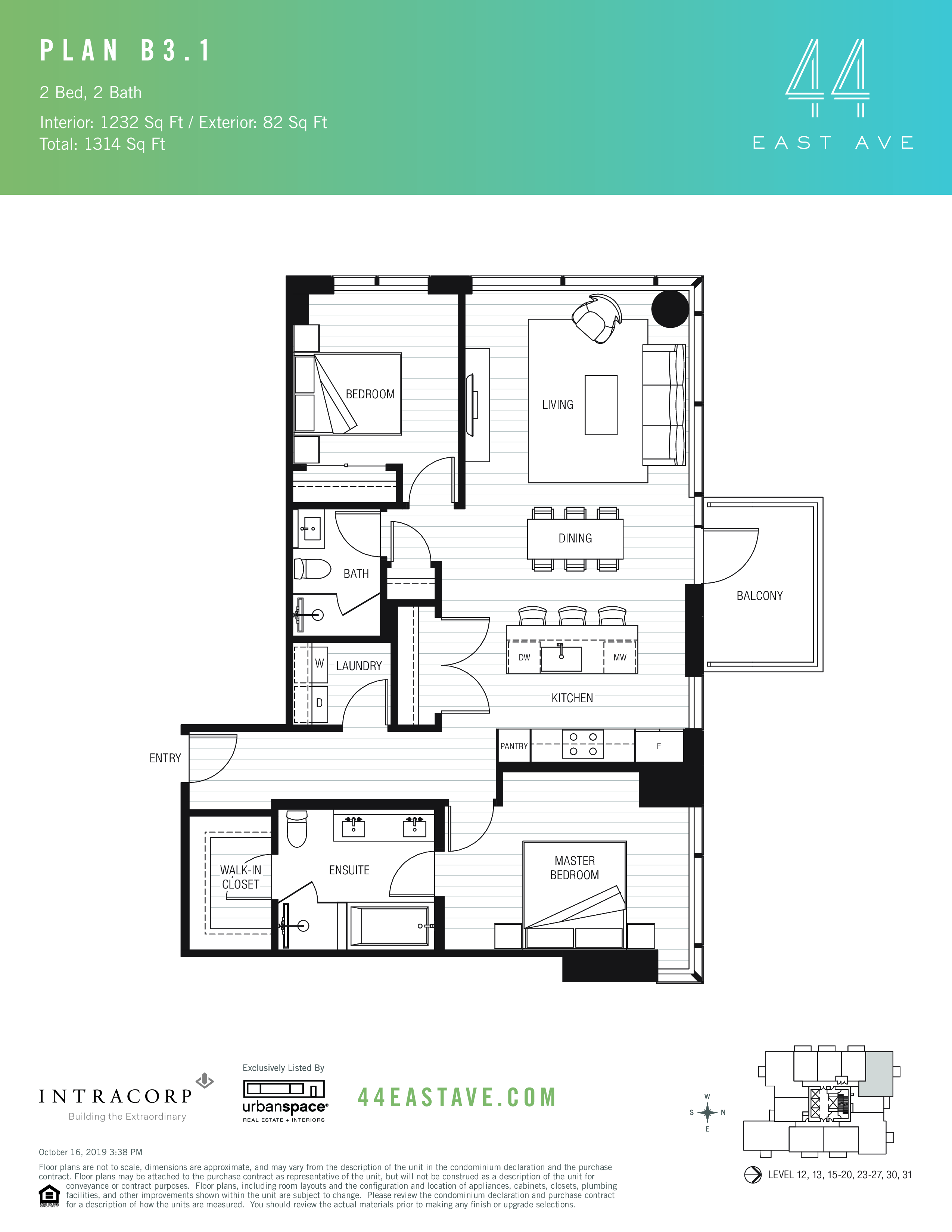44 East B3.1 floor plan - 2 bed, 1232 SF