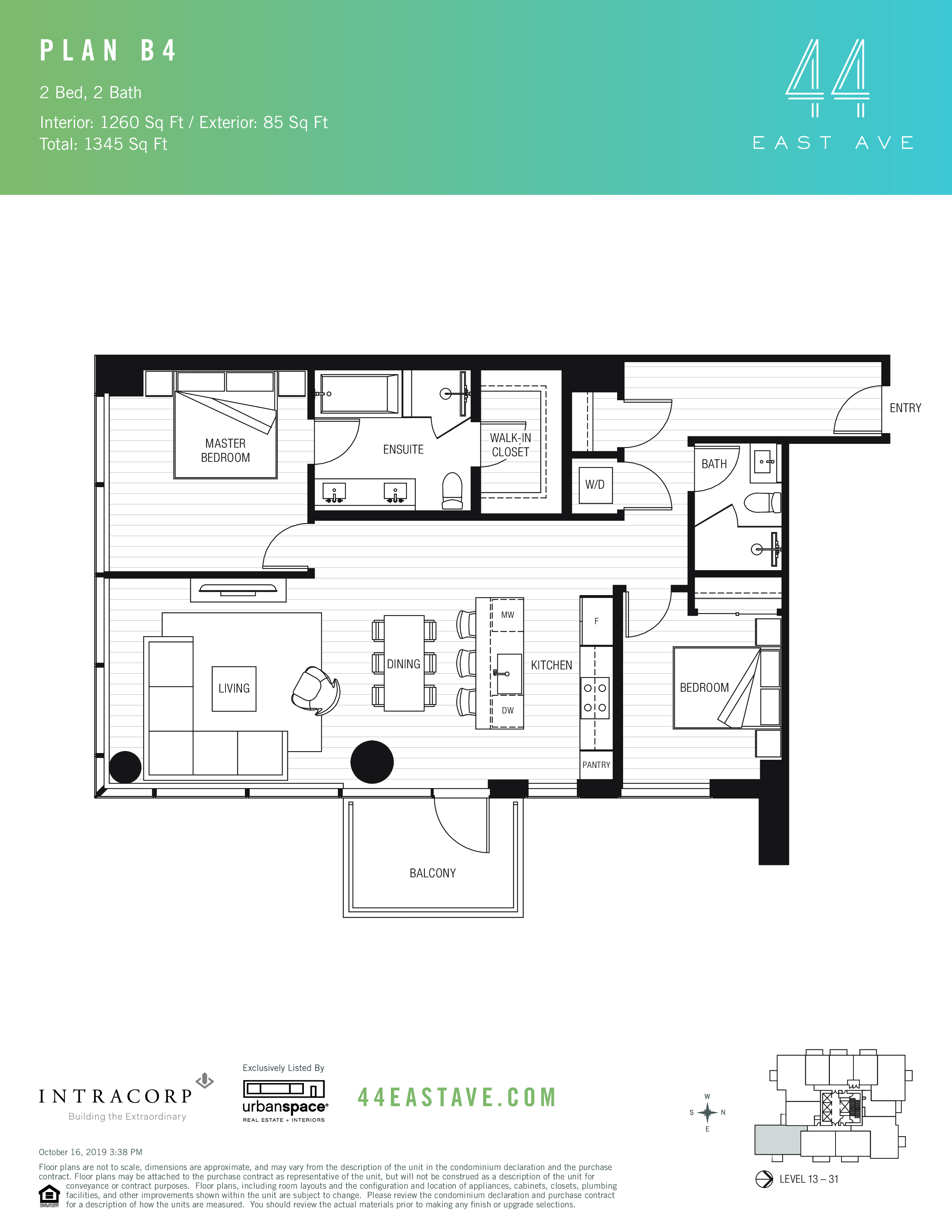 44 East B4 floor plan - 2 bed, 1260 SF