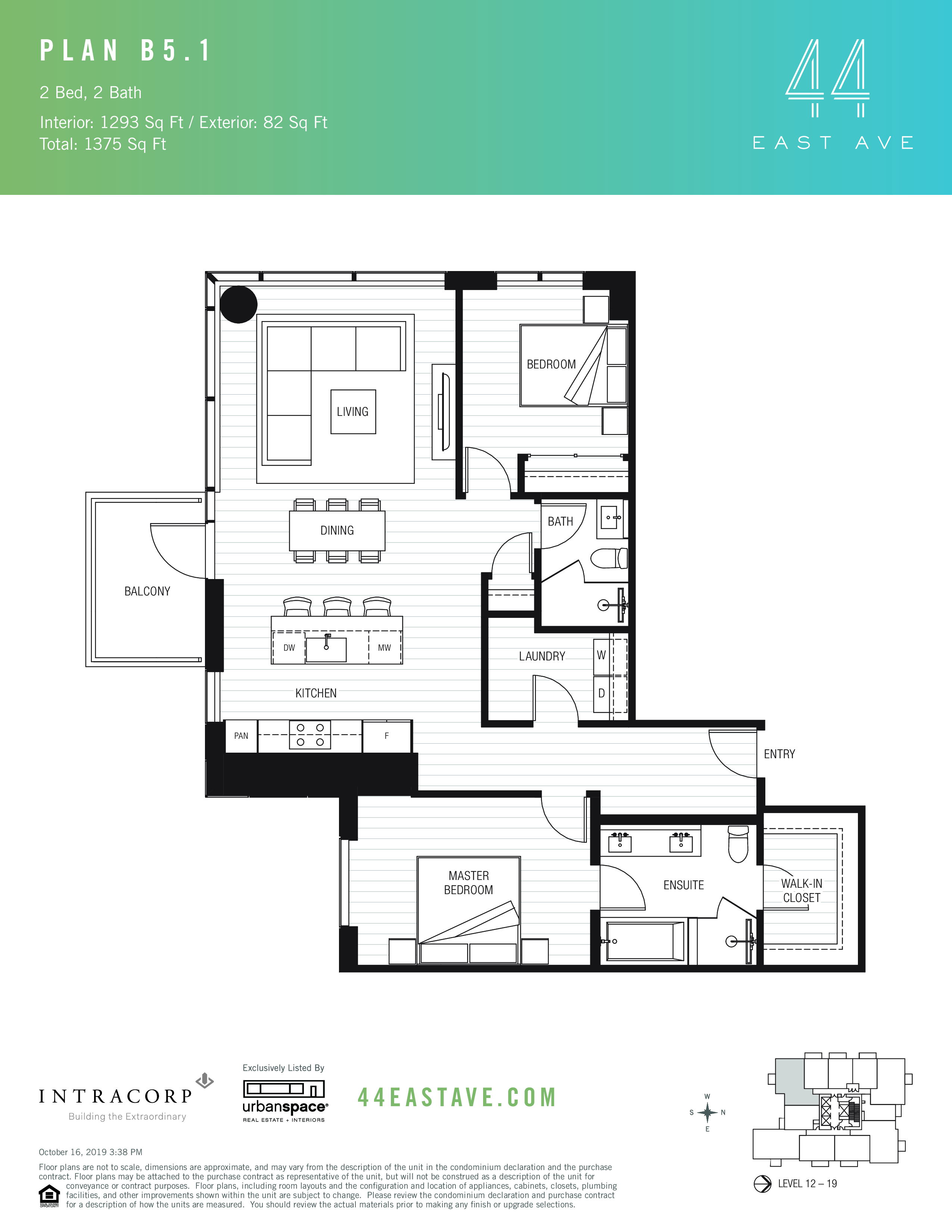 44 East B5.1 floor plan - 2 bed, 1293 SF
