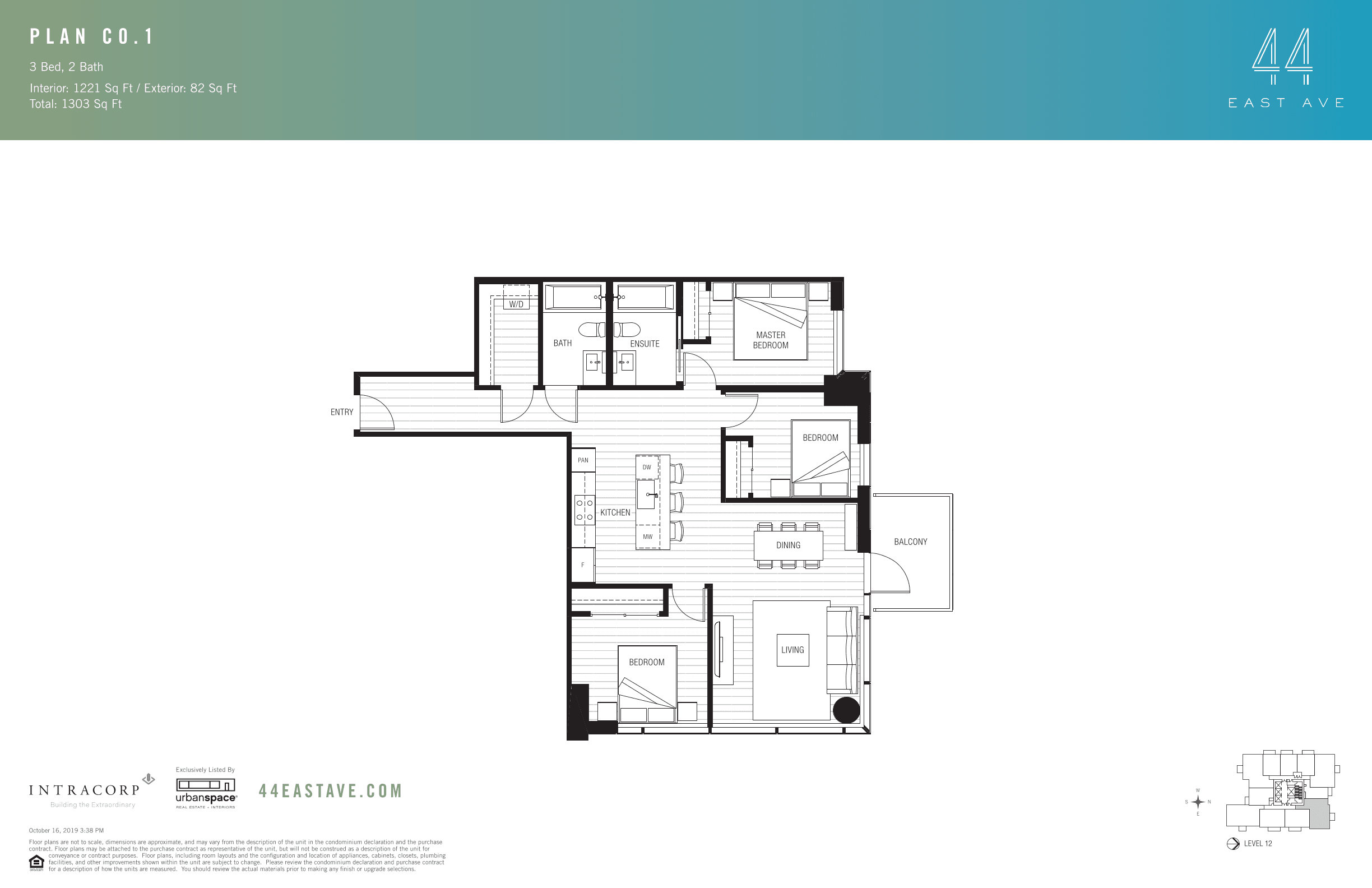 44 East C1 floor plan - 3 bed, 1594 SF