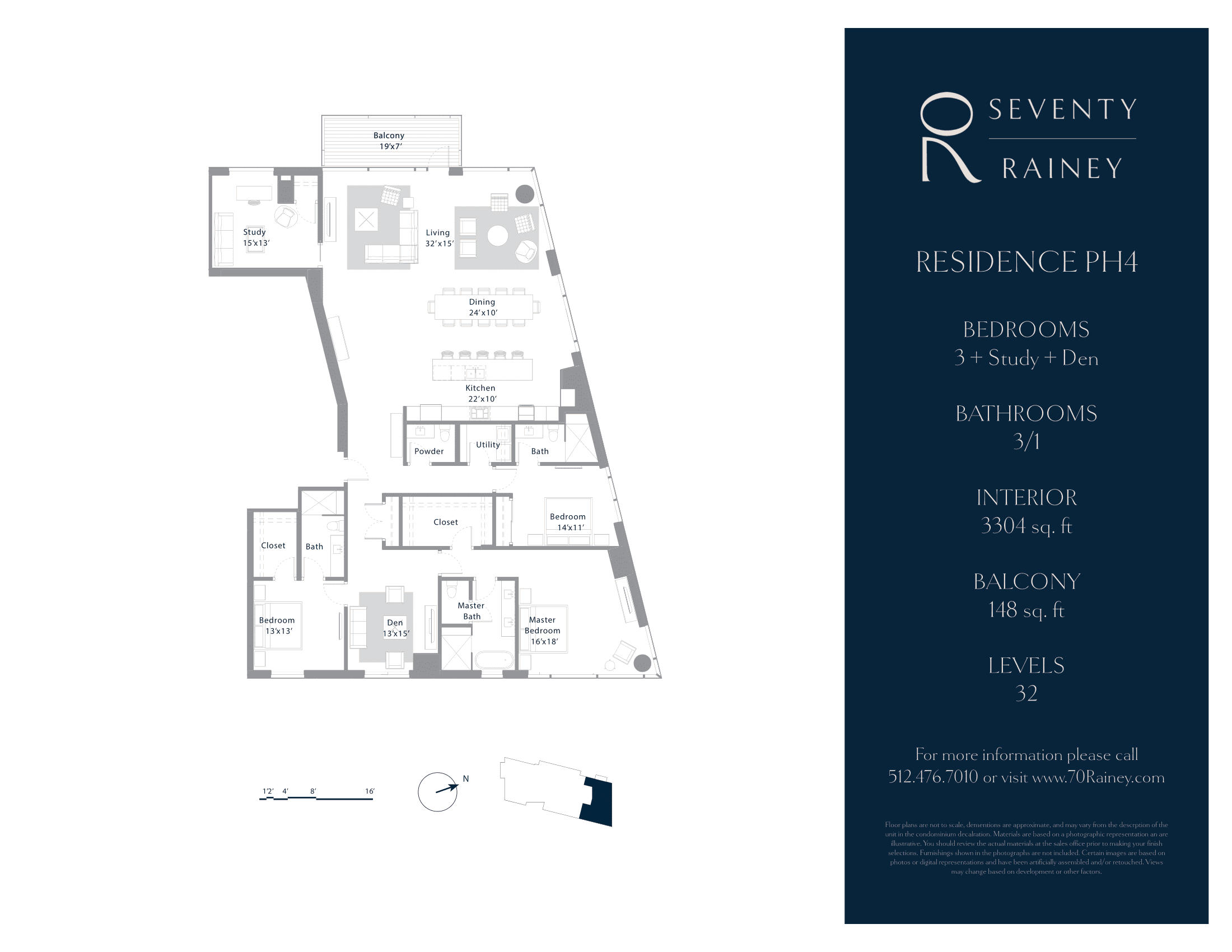 70 Rainey PH4 floor plan - 3 bed, 3304 SF