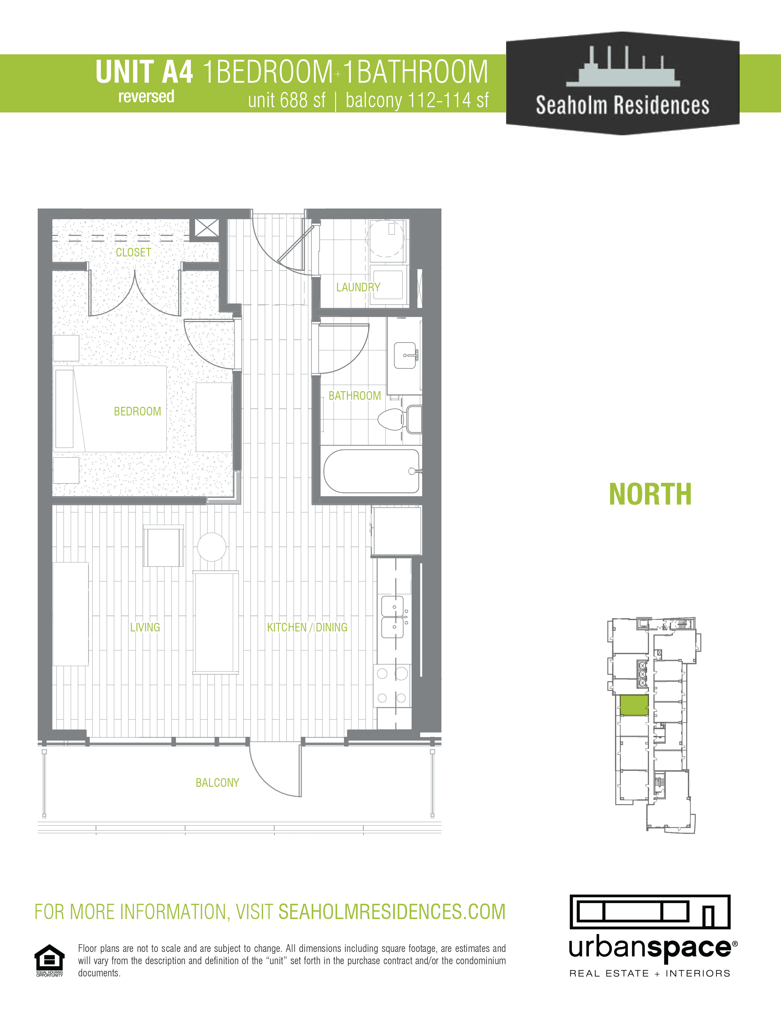 Seaholm Residences A4 floor plan - 1 bed, 688 SF