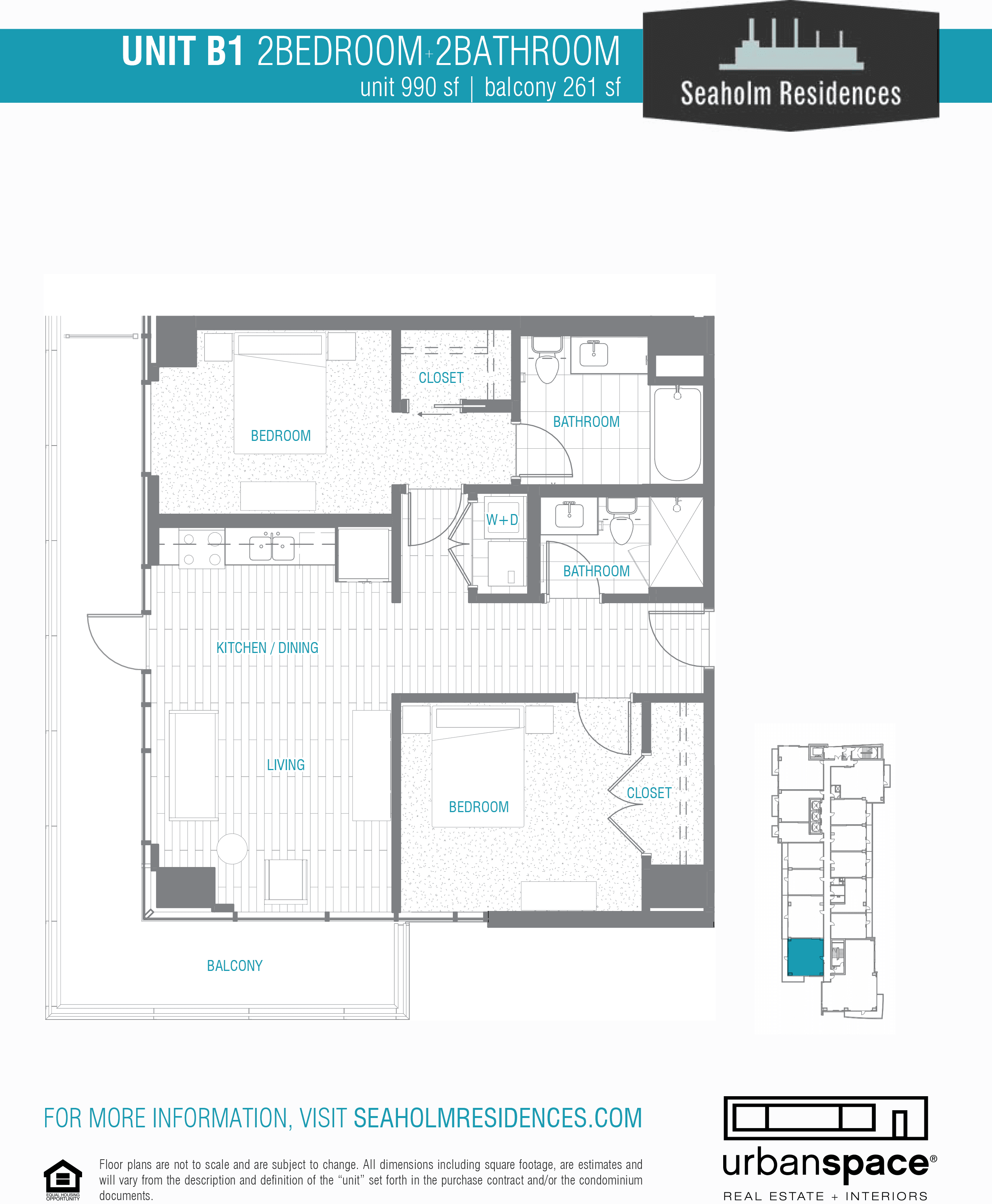 Seaholm Residences B1 floor plan - 2 bed, 990 SF