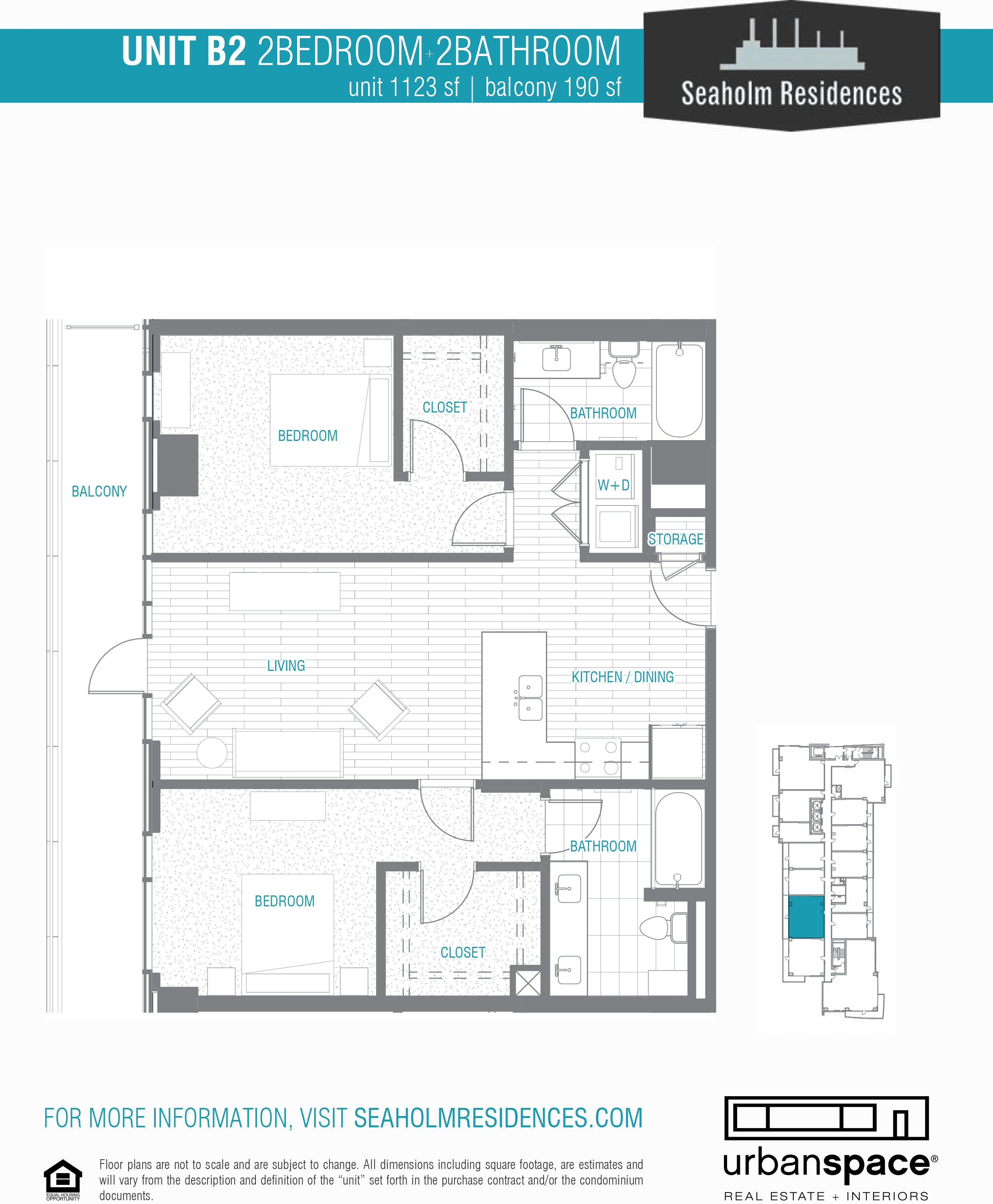 Seaholm Residences B2 floor plan - 2 bed, 1123 SF