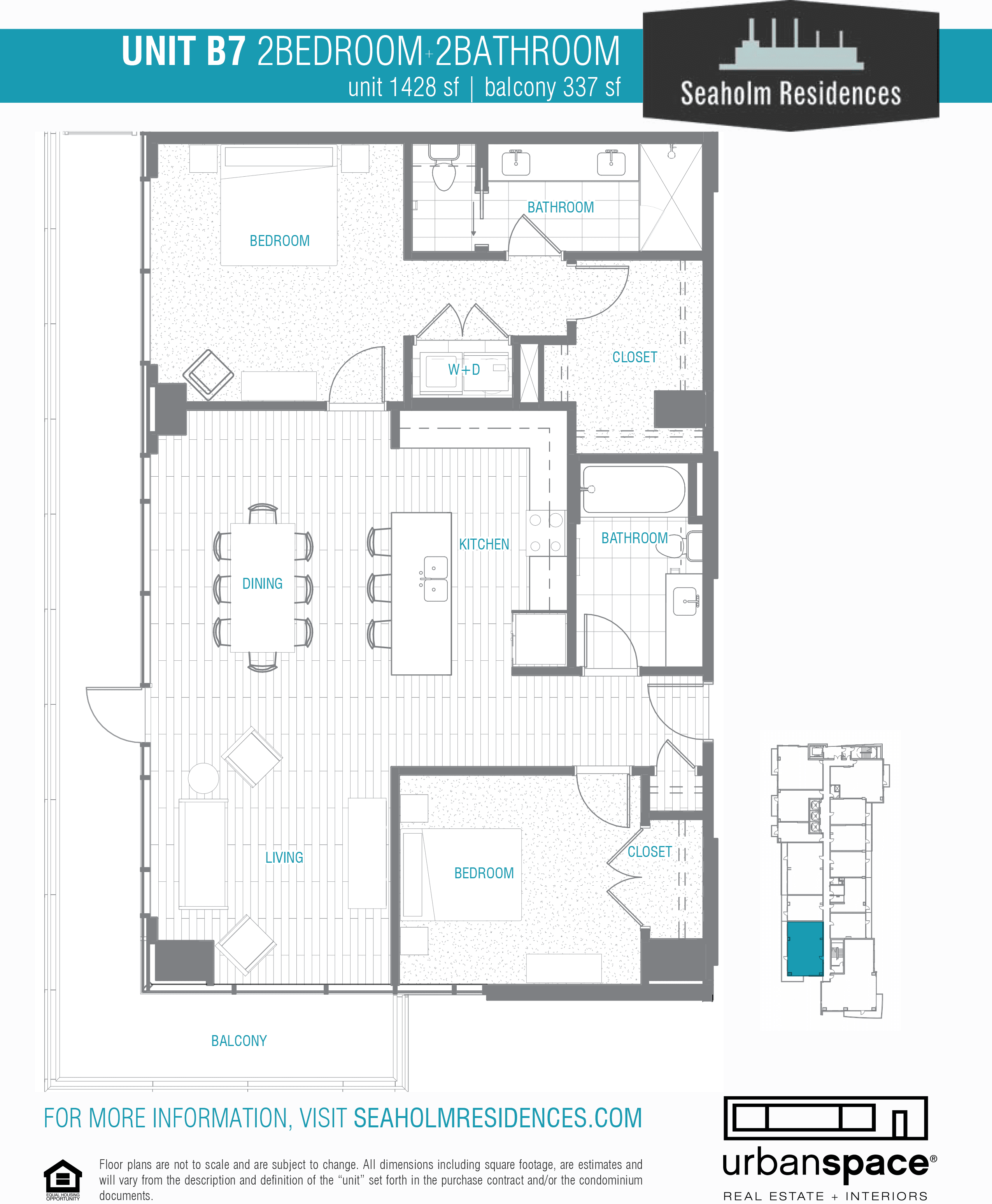 Seaholm Residences B7 floor plan - 2 bed, 1428 SF