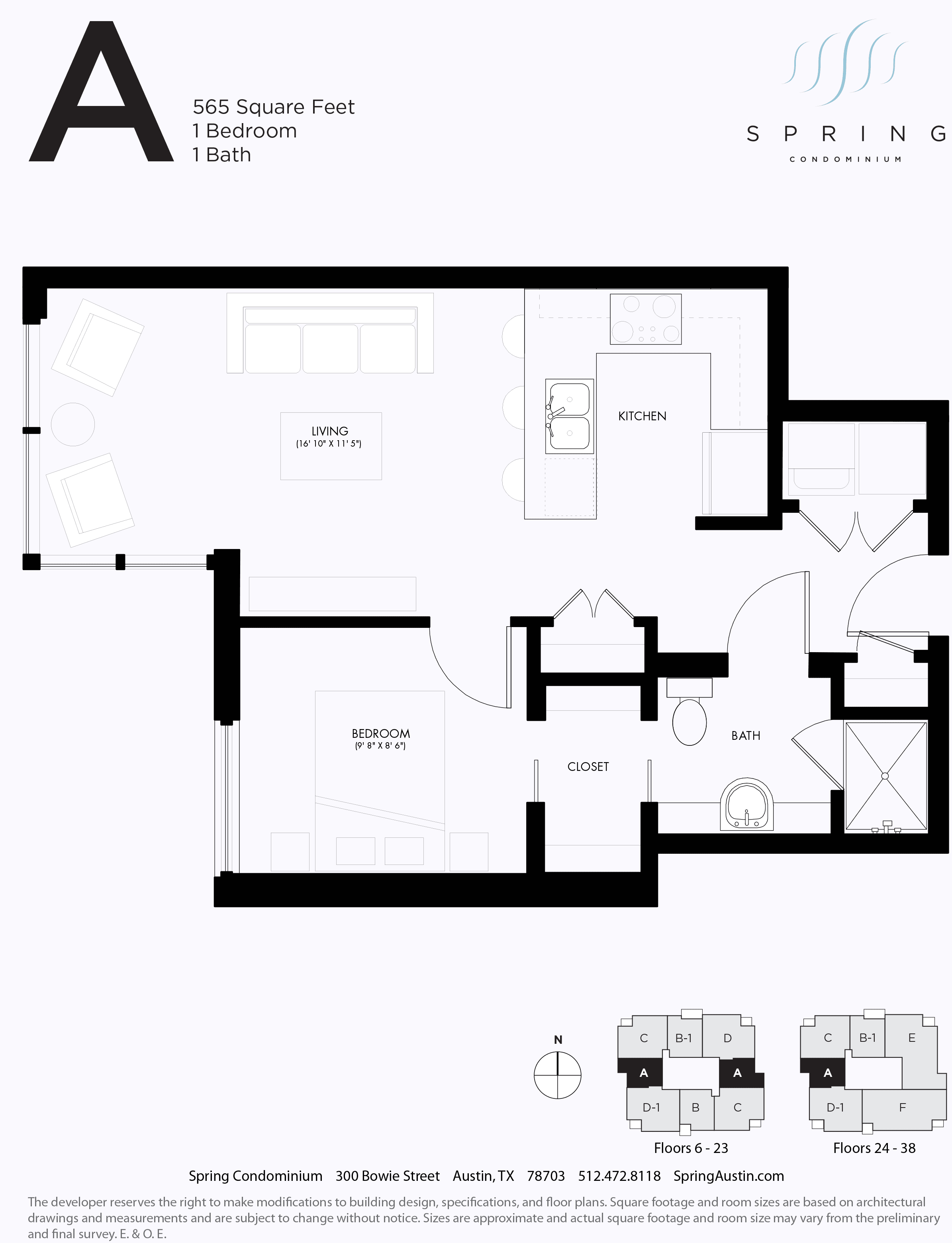 Spring Condominiums A floor plan - 1 bed, 565 SF