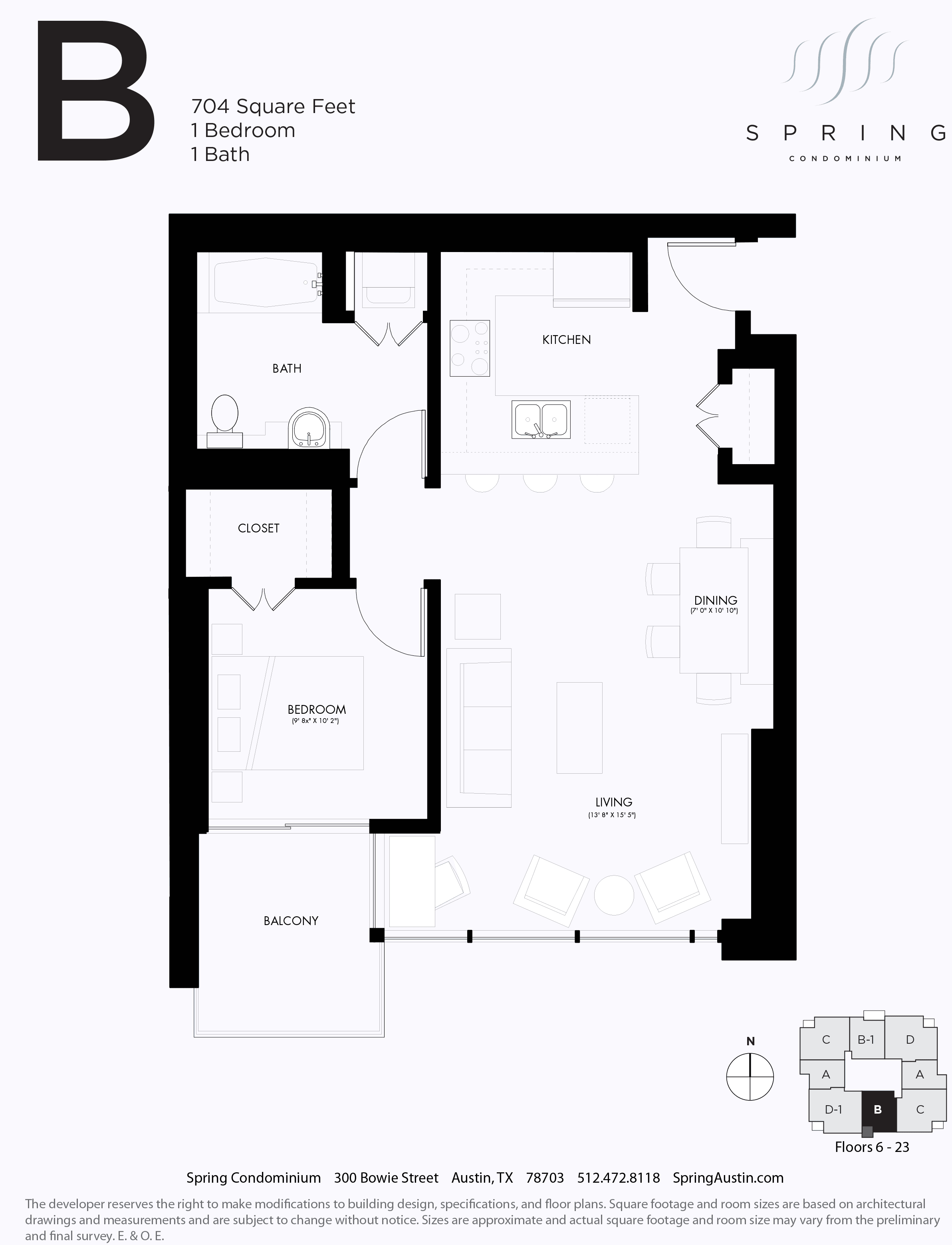 Spring Condominiums B floor plan - 1 bed, 704 SF
