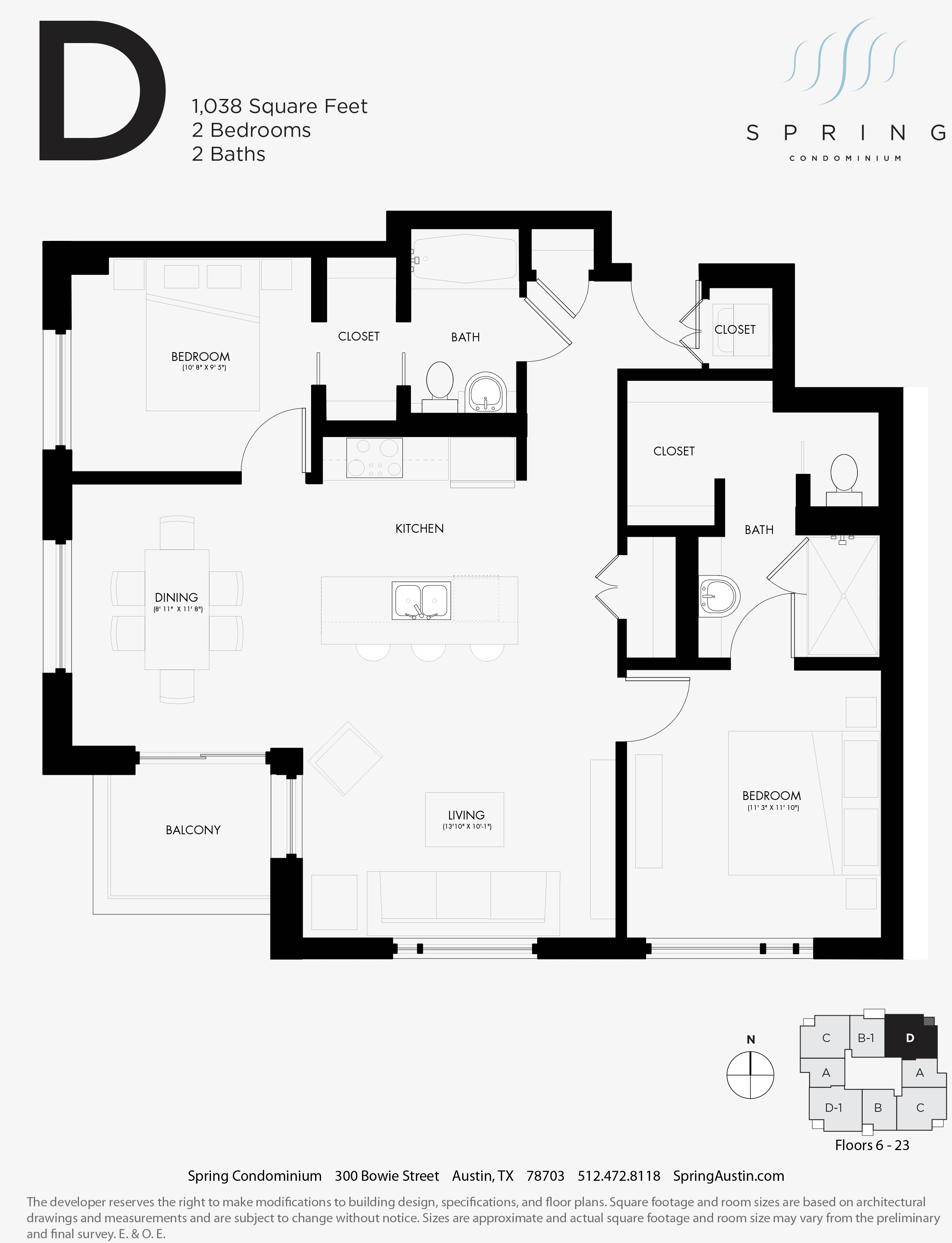 Spring Condominiums D floor plan - 2 bed, 1038 SF