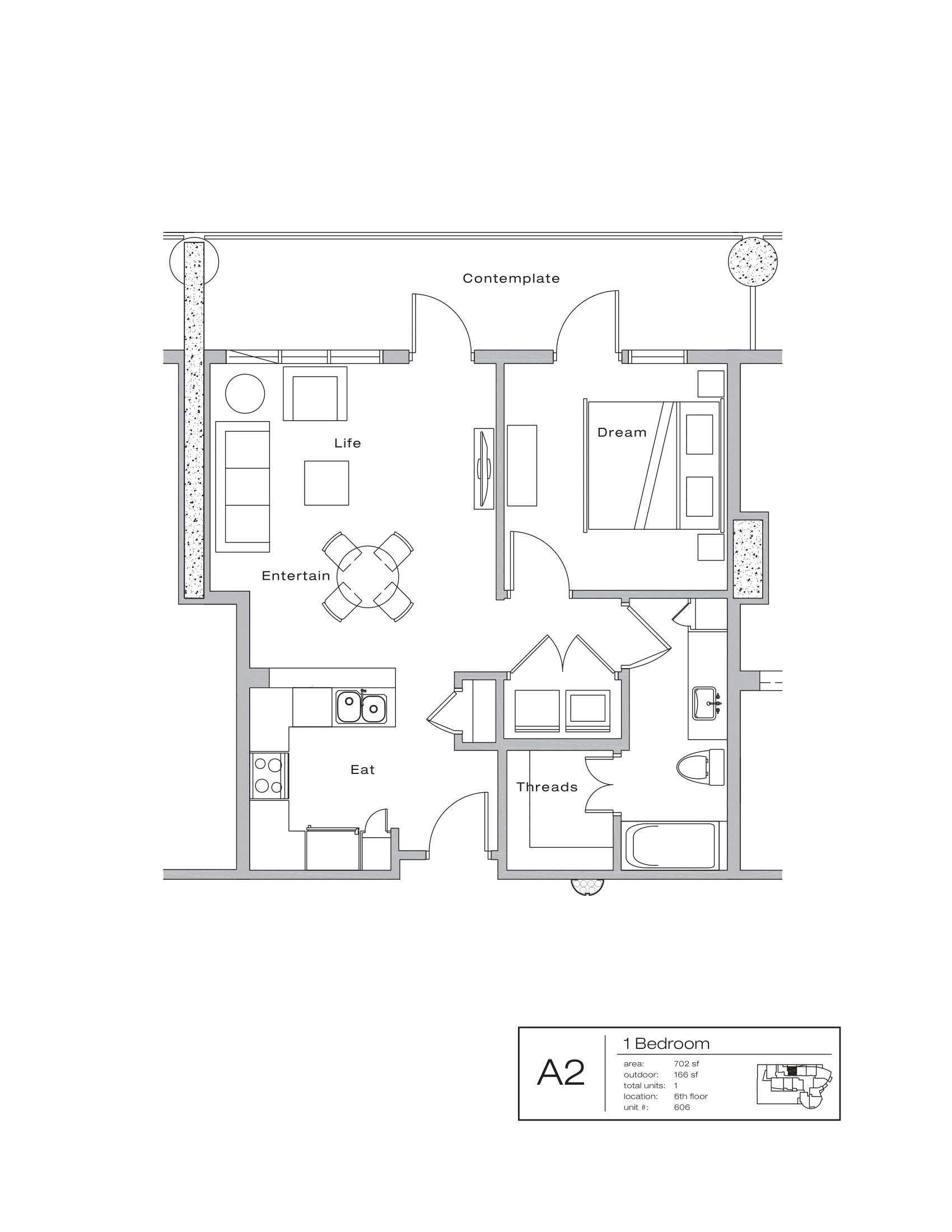 The Shore Condominiums A2 floor plan - 1 bed, 868 SF