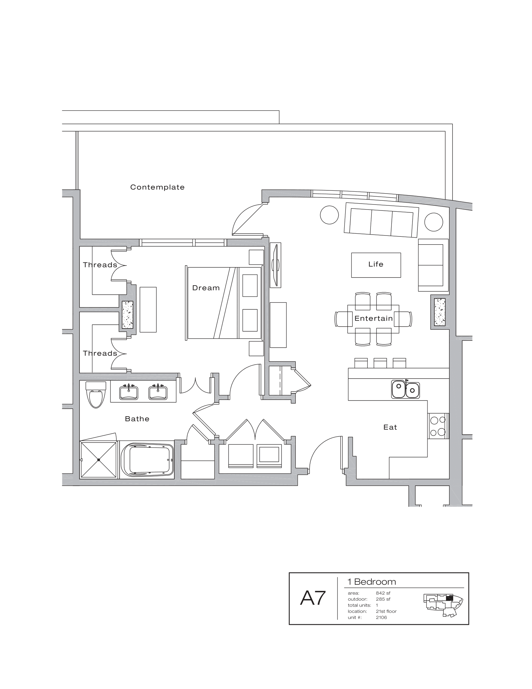 The Shore Condominiums A7 floor plan - 1 bed, 1127 SF