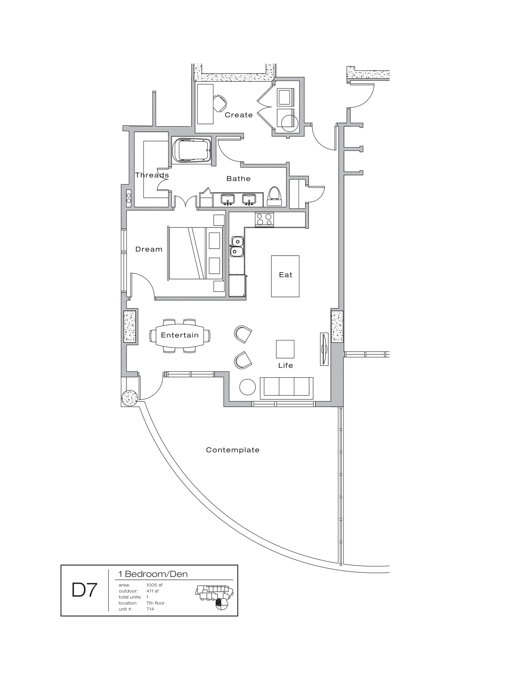 The Shore Condominiums D7 floor plan - 1 bed, 1416 SF