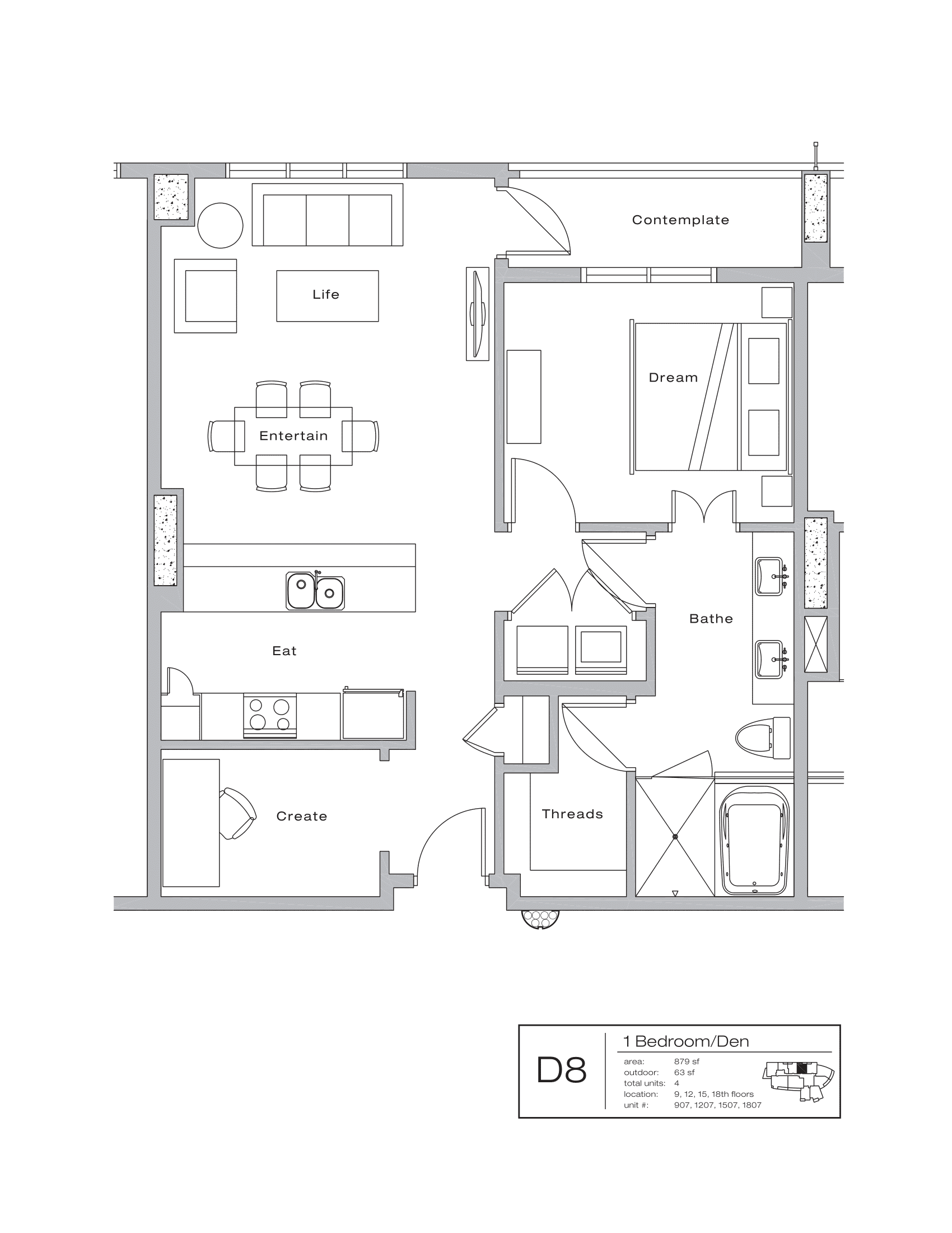 The Shore Condominiums D8 floor plan - 1 bed, 942 SF
