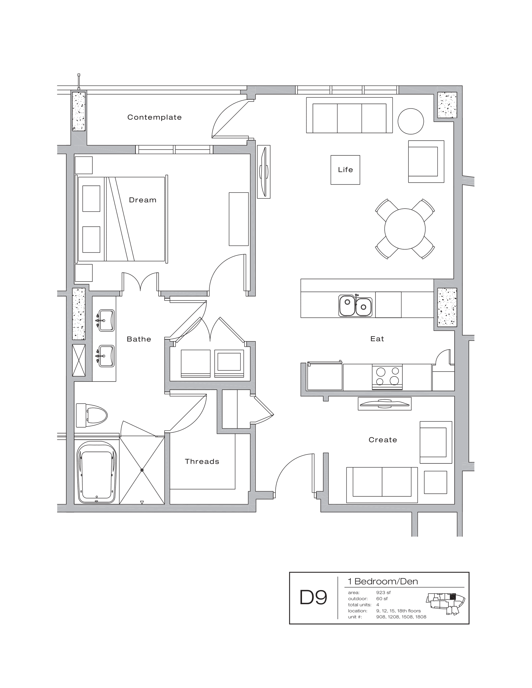 The Shore Condominiums D9 floor plan - 1 bed, 983 SF