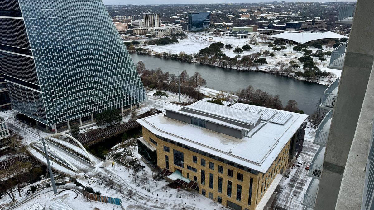 Downtown Austin - Views of the Central Library, 2nd Street bridge, and Auditorium Shores during the ice storm